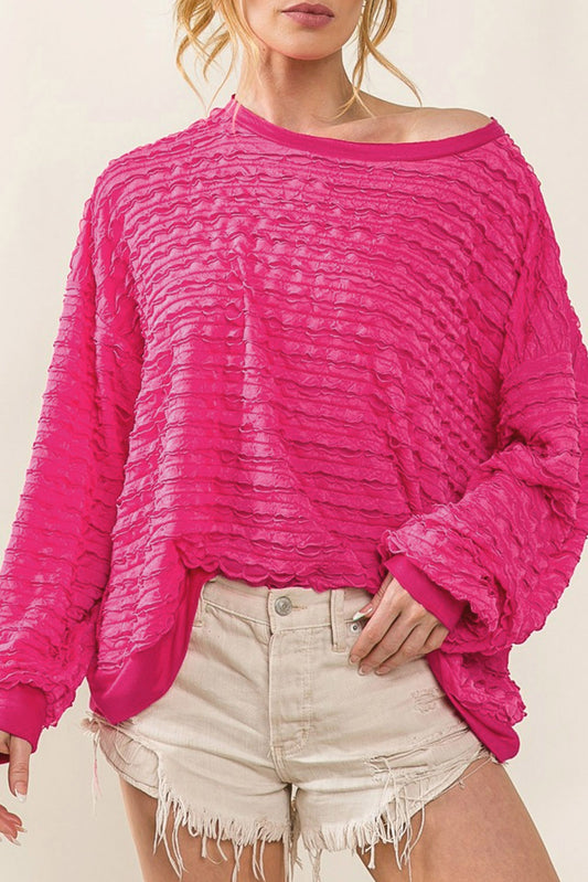 Texture Round Neck Dropped Shoulder Top Hot Pink