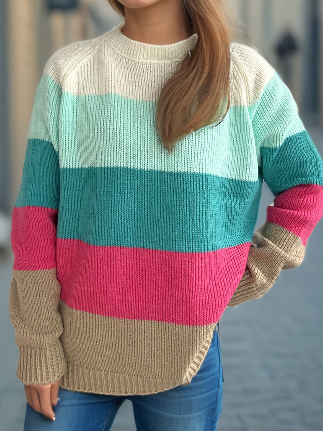 Color Block Round Neck Long Sleeve Sweater Teal One Size