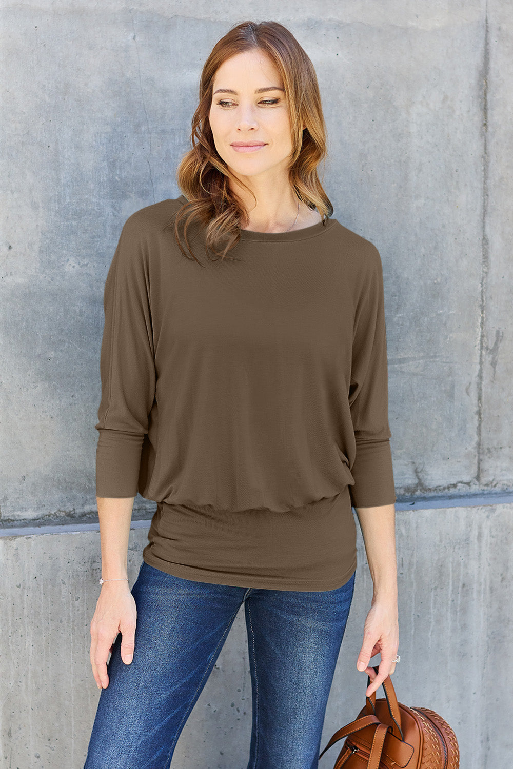 Basic Bae Full Size Round Neck Batwing Sleeve Blouse Brown