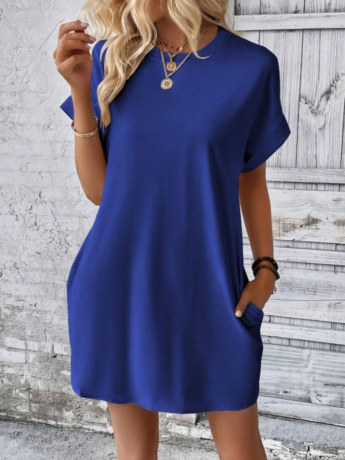Casual Pocketed Round Neck Tee Dress Navy