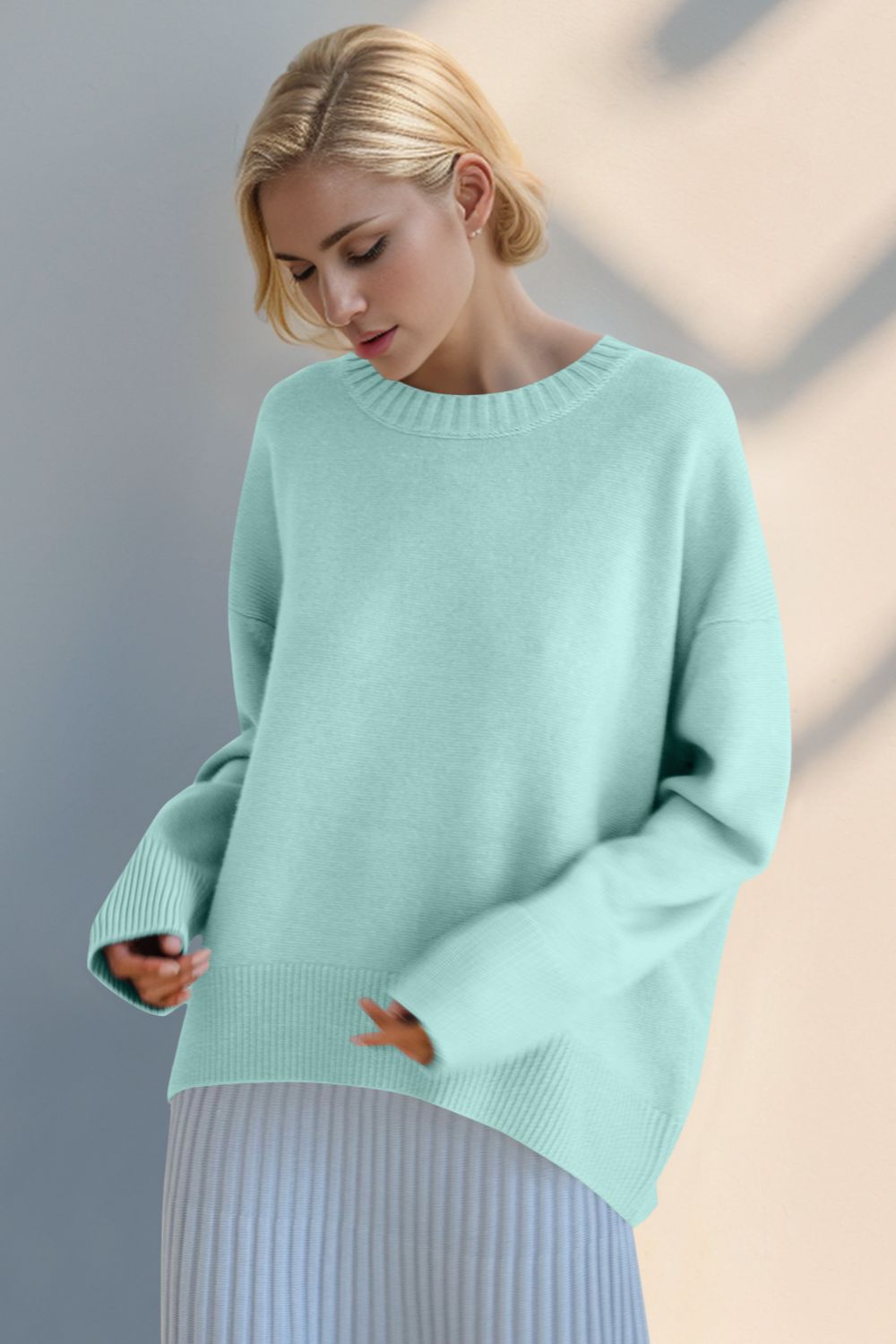 Basic Bae Round Neck Dropped Shoulder Sweater Tiffany Blue One Size