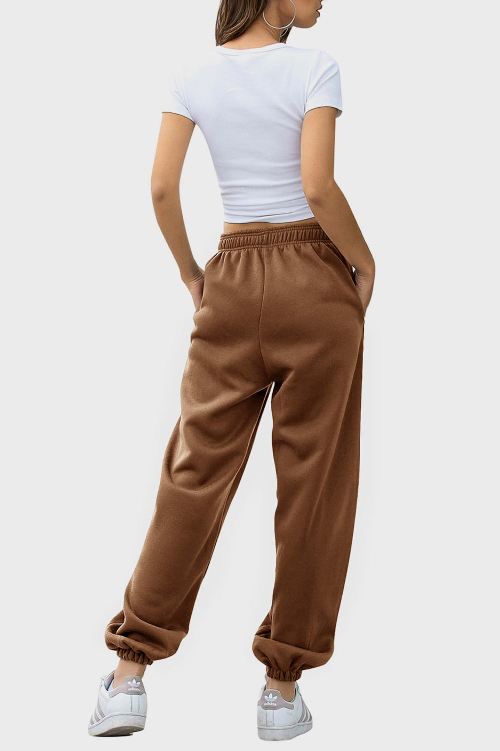 Elastic Waist Joggers with Pockets Coffee Brown