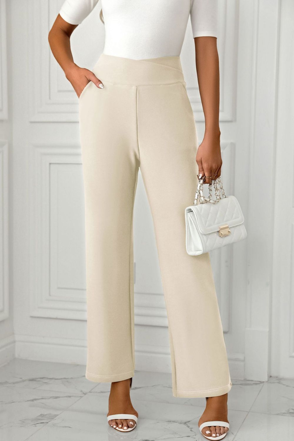 High Waist Pants with Pockets Cream