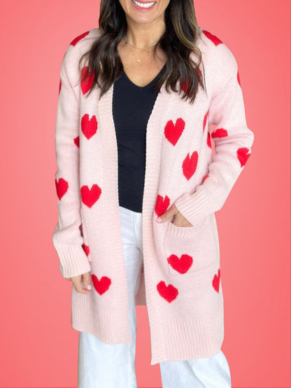 Heart Open Front Long Sleeve Cardigan Blush Pink One Size