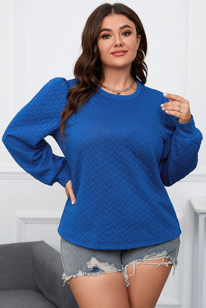 Plus Size Textured Round Neck Long Sleeve Top Cobalt Blue