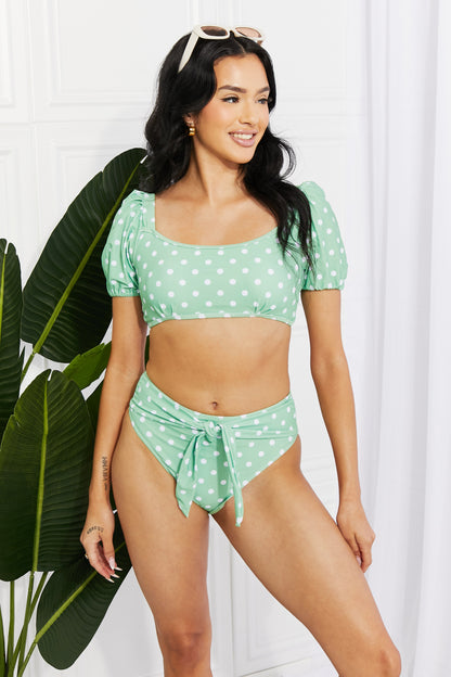 Puff Sleeve Polka Dot Bikini with Mid Rise Bottoms Gum Leaf