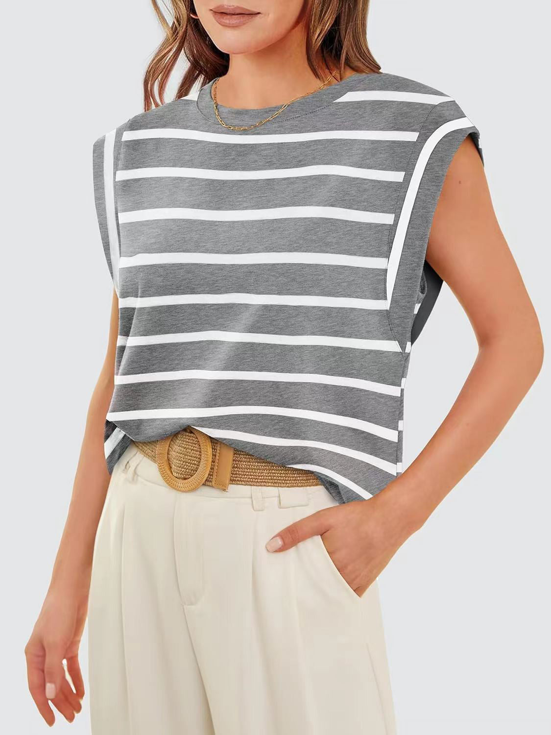 Striped Round Neck Cap Sleeve T-Shirt Cloudy Blue