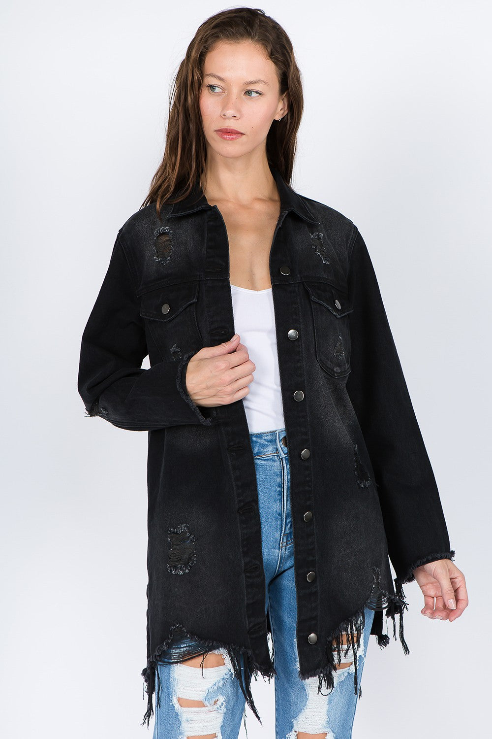 Women's Distressed Denim Jacket with Frayed Hem Black