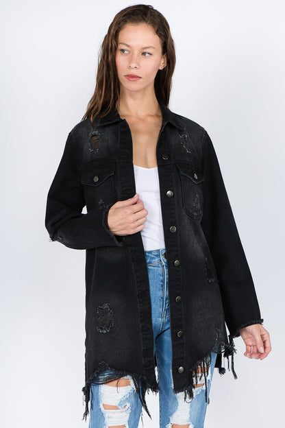 Women's Distressed Denim Jacket with Frayed Hem Black