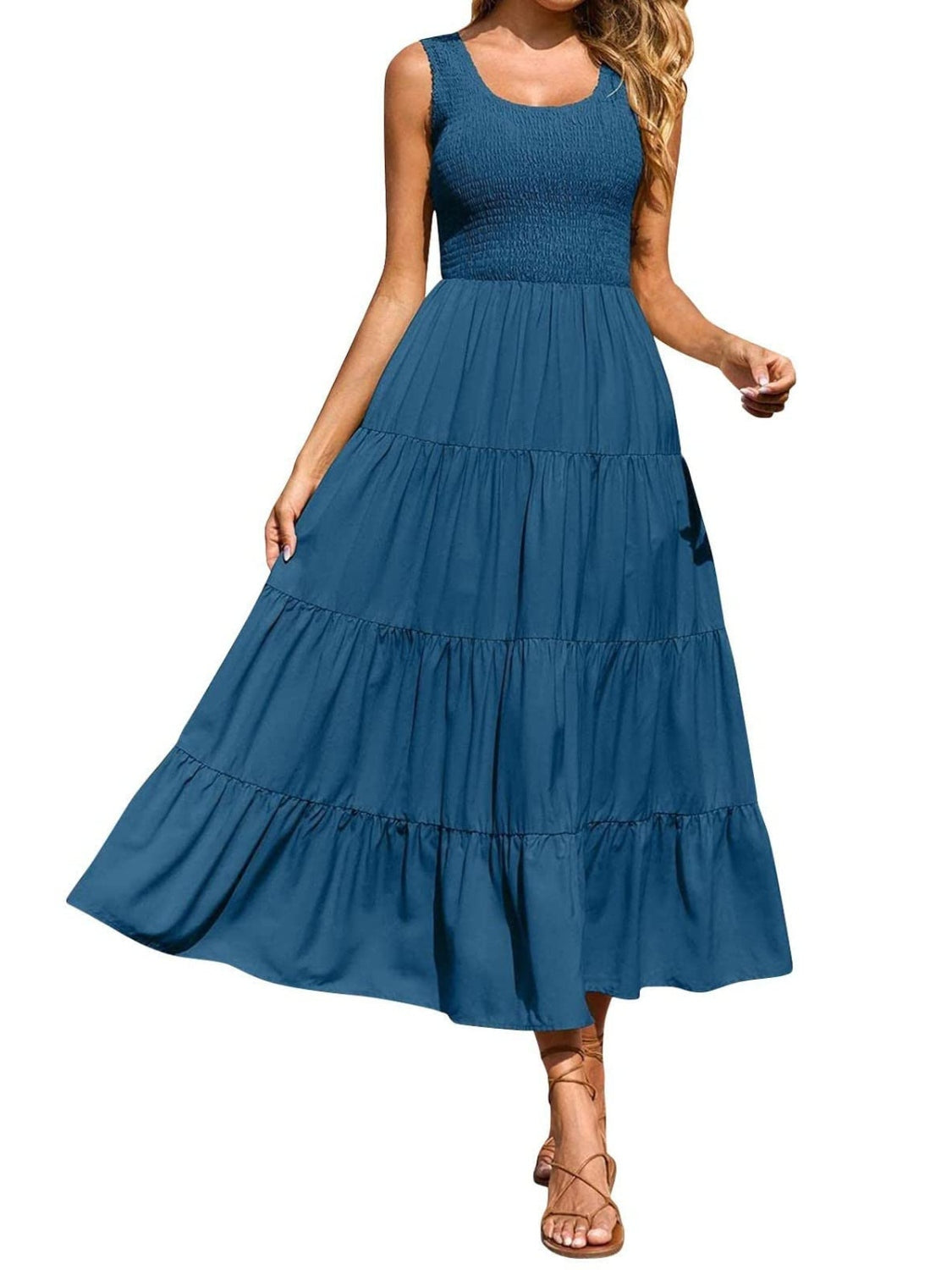 Smocked Tiered Midi Dress with Wide Straps