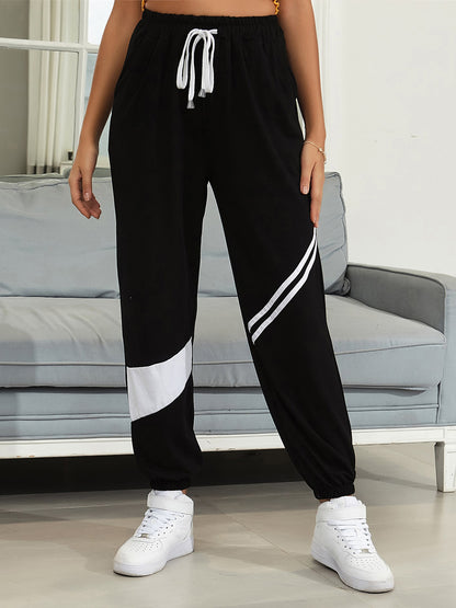 Drawstring Contrast Joggers with Pockets Black