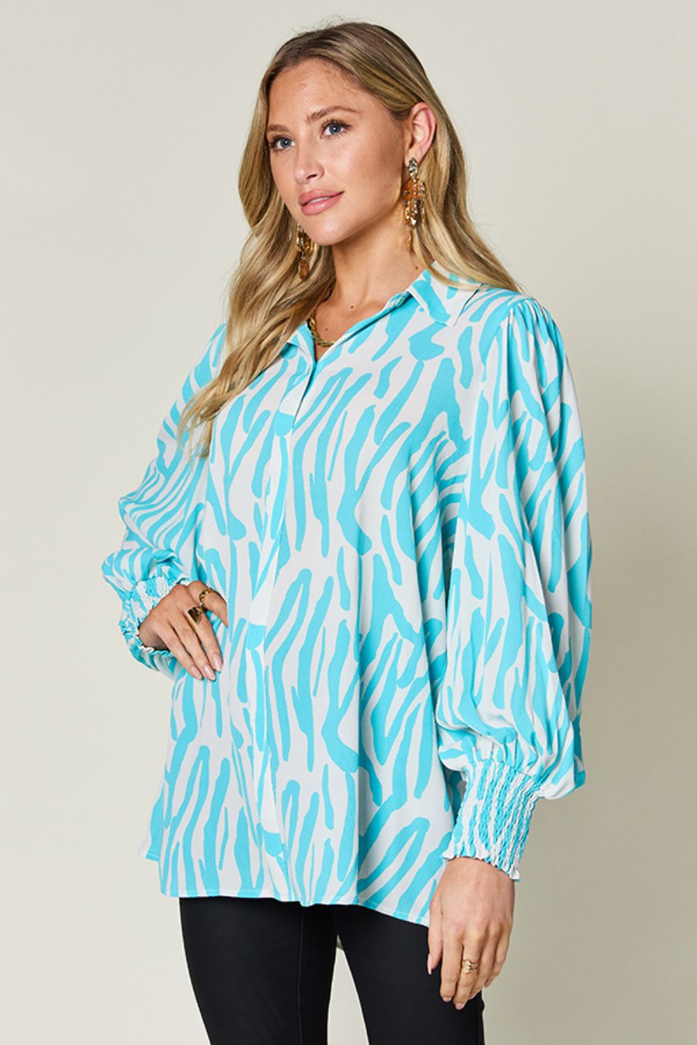 Smocked Long Sleeve Top with Alluring Print