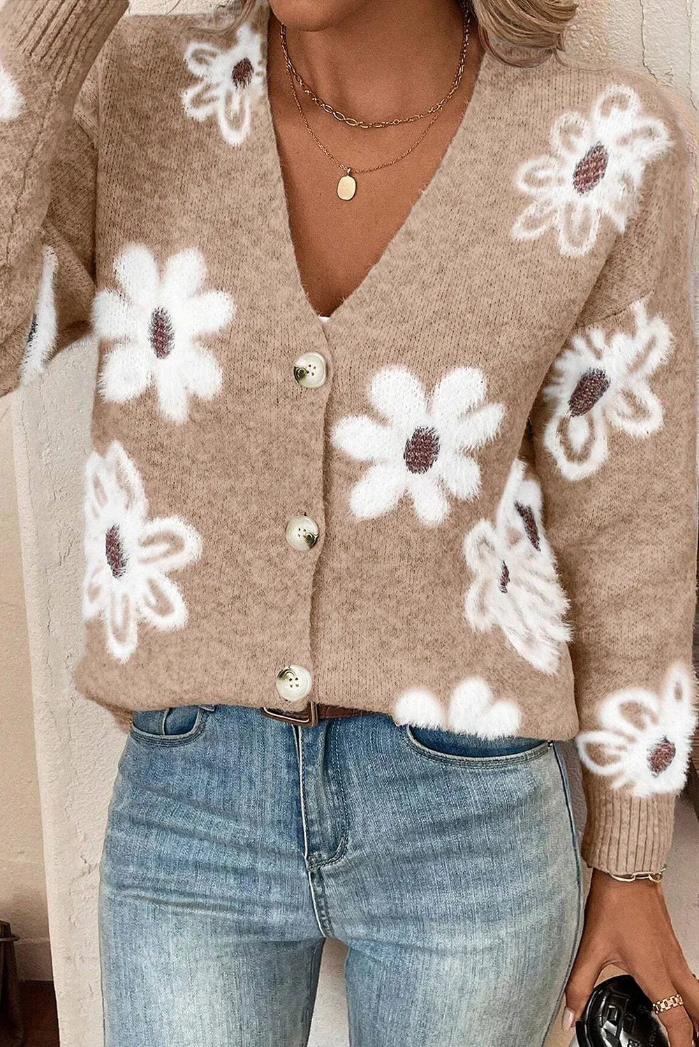 Flower Button Up Long Sleeve Cardigan Tan