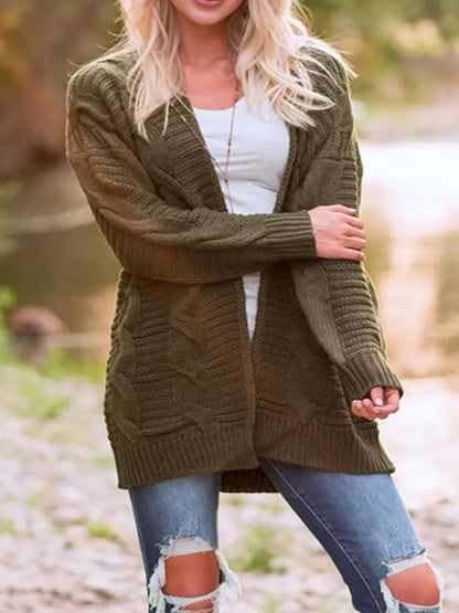 Cable-Knit Open Front Long Sleeve Cardigan Army Green