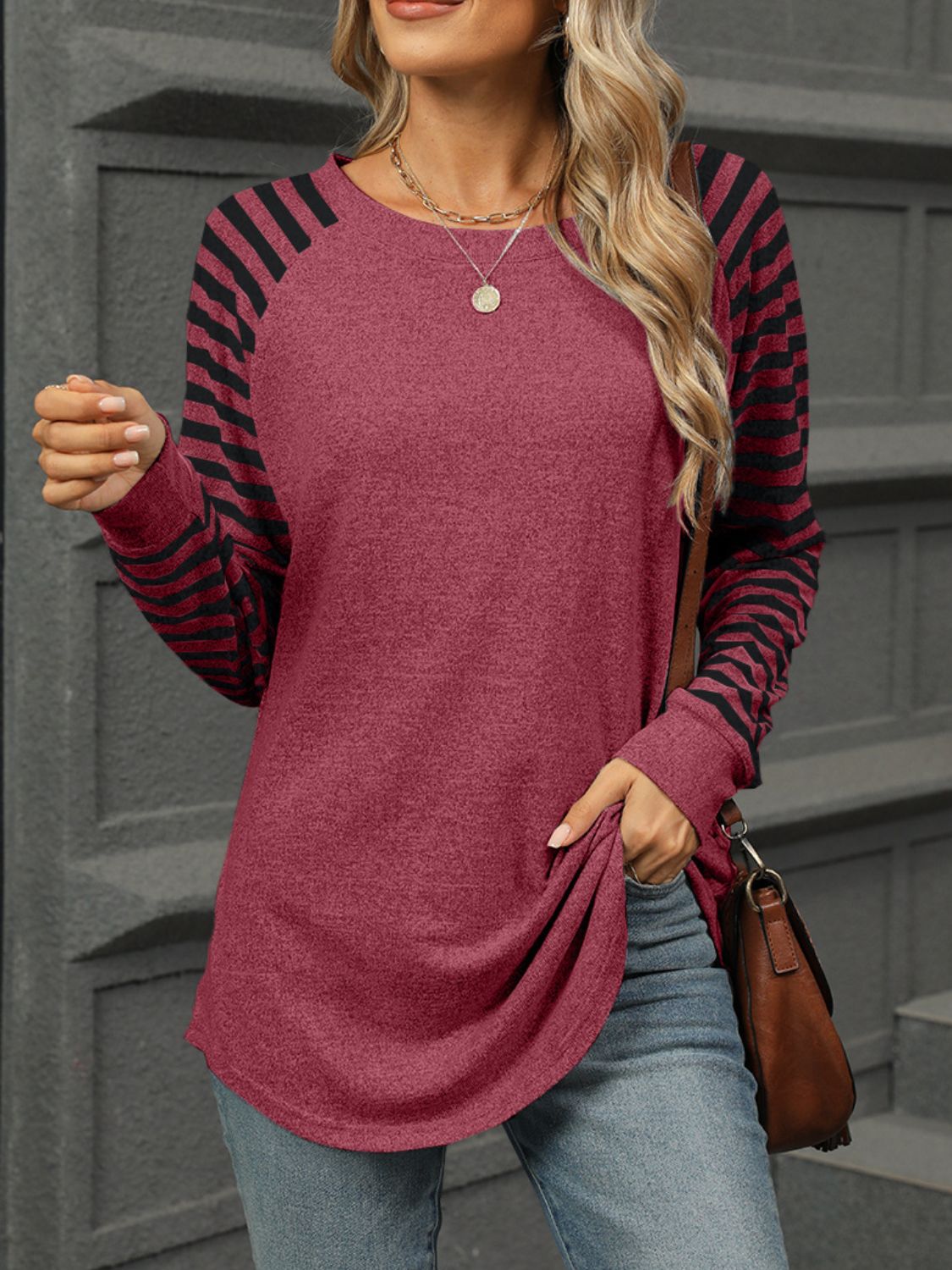 Striped Round Neck Long Sleeve T-Shirt Burgundy