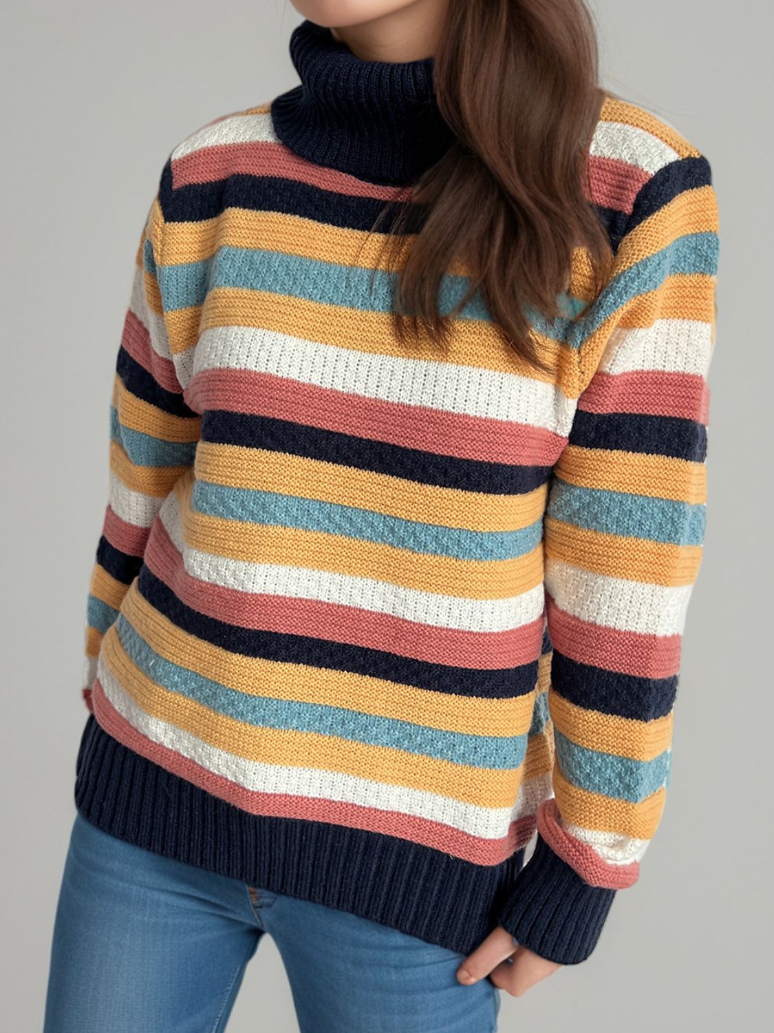 Contrast Stripes Turtleneck Long Sleeve Sweater