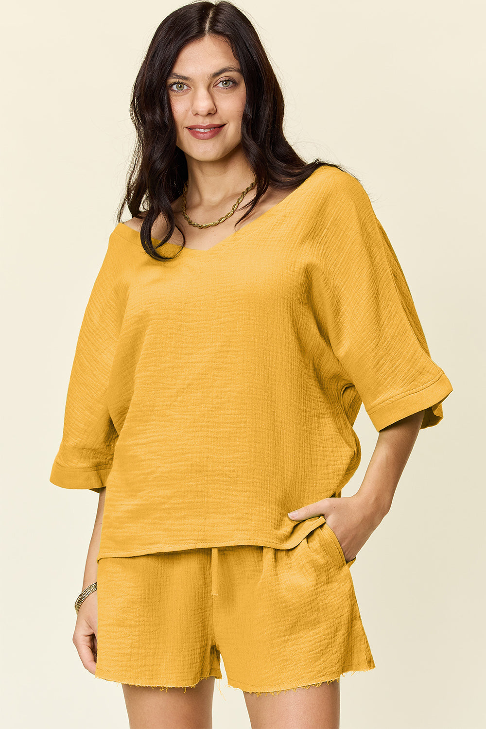 Textured Cotton T-Shirt and Drawstring Shorts Set Mustard