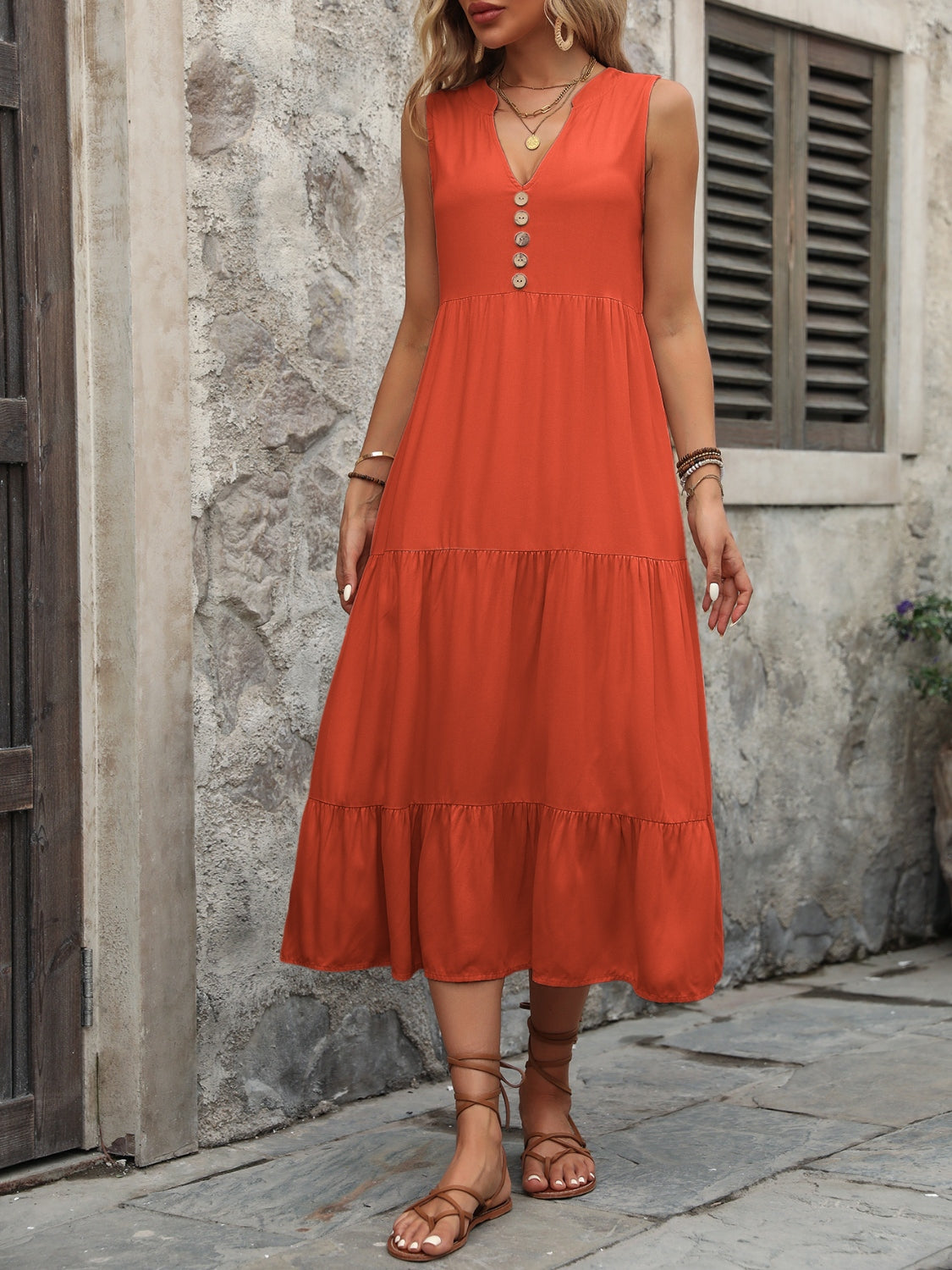 Cotton Sleeveless Dress with Decorative Buttons