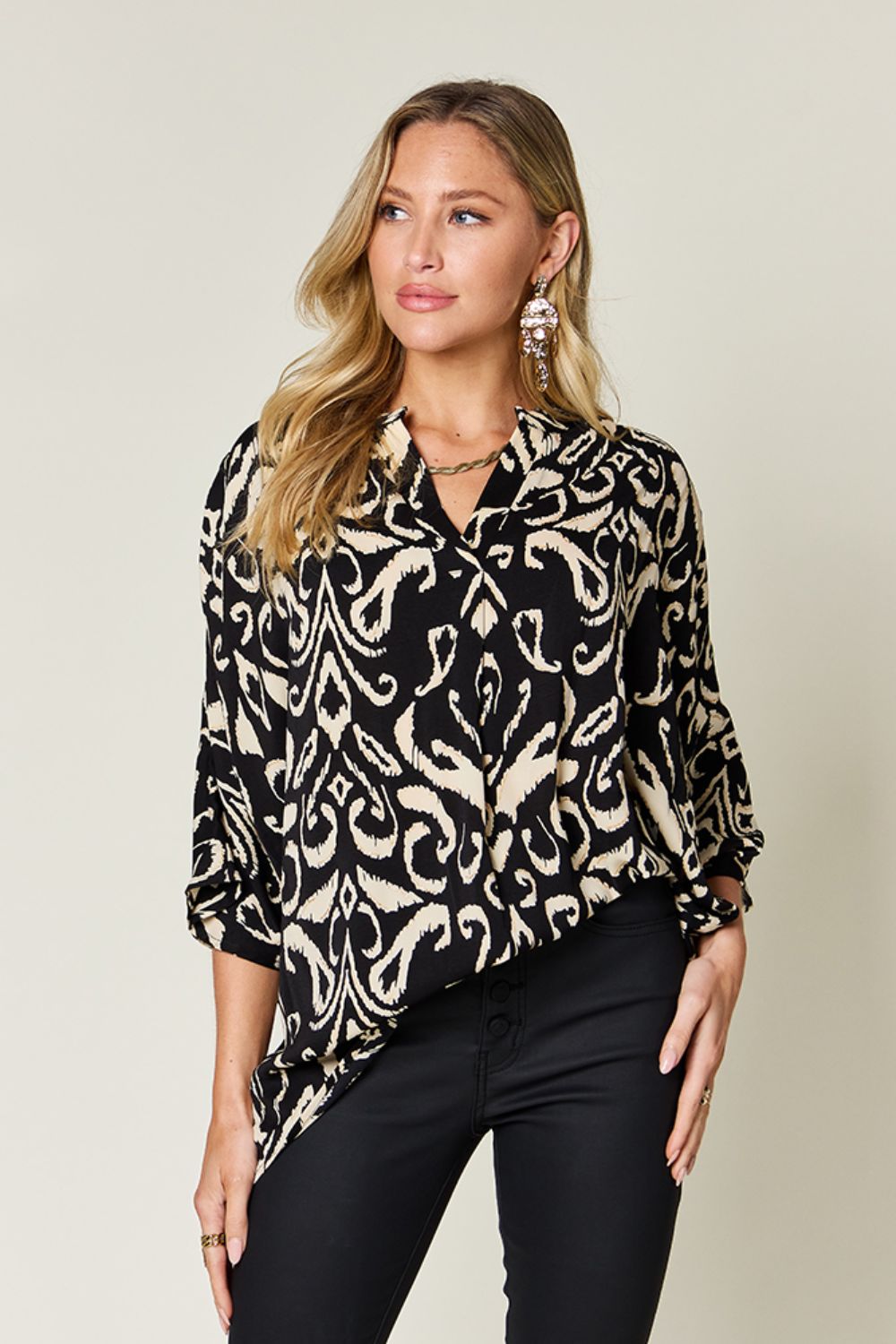 Opaque Printed Elbow Sleeve Blouse