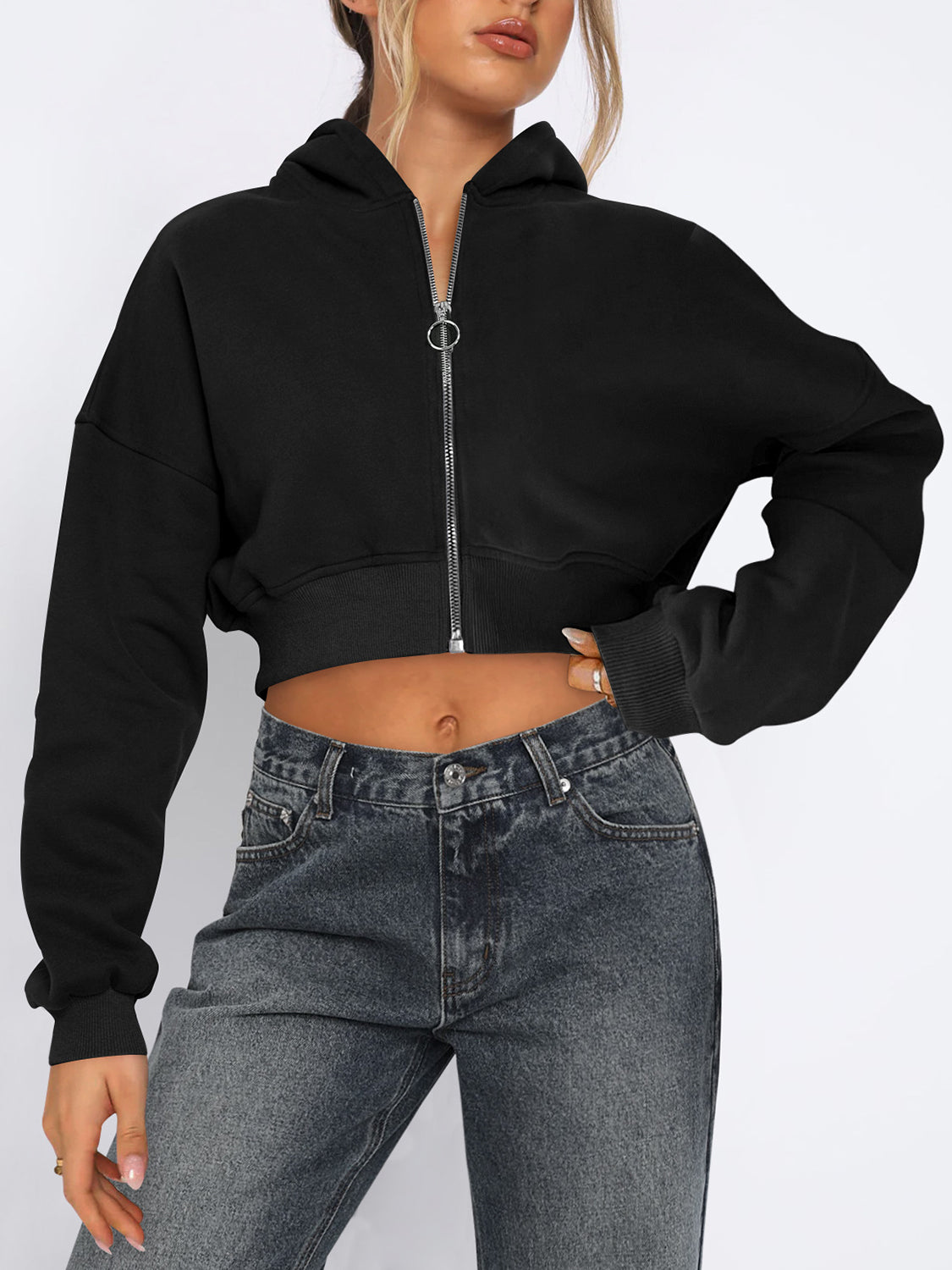 Zip Up Long Sleeve Cropped Hoodie Black