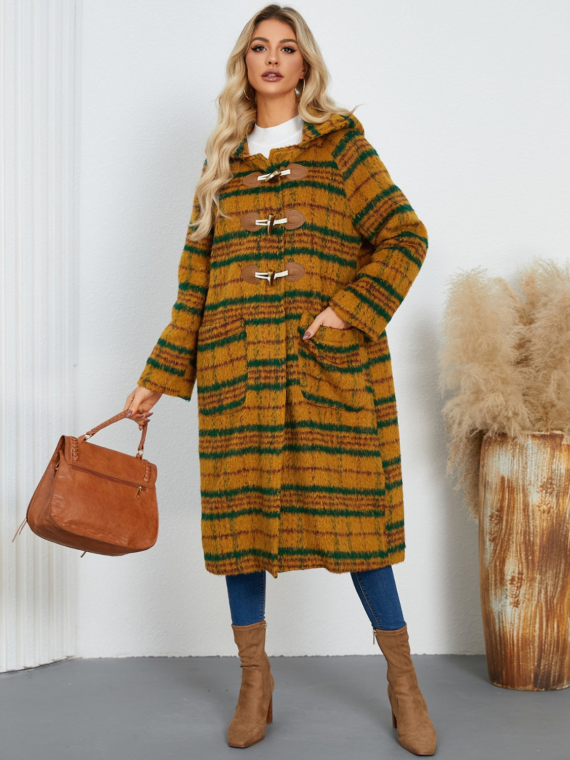 Plaid Long Sleeve Hooded Coat with Pockets