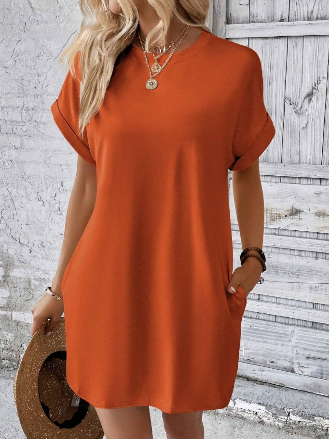 Casual Pocketed Round Neck Tee Dress Red Orange
