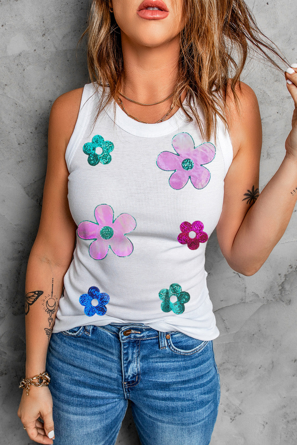 Sequin Flower Round Neck Tank White