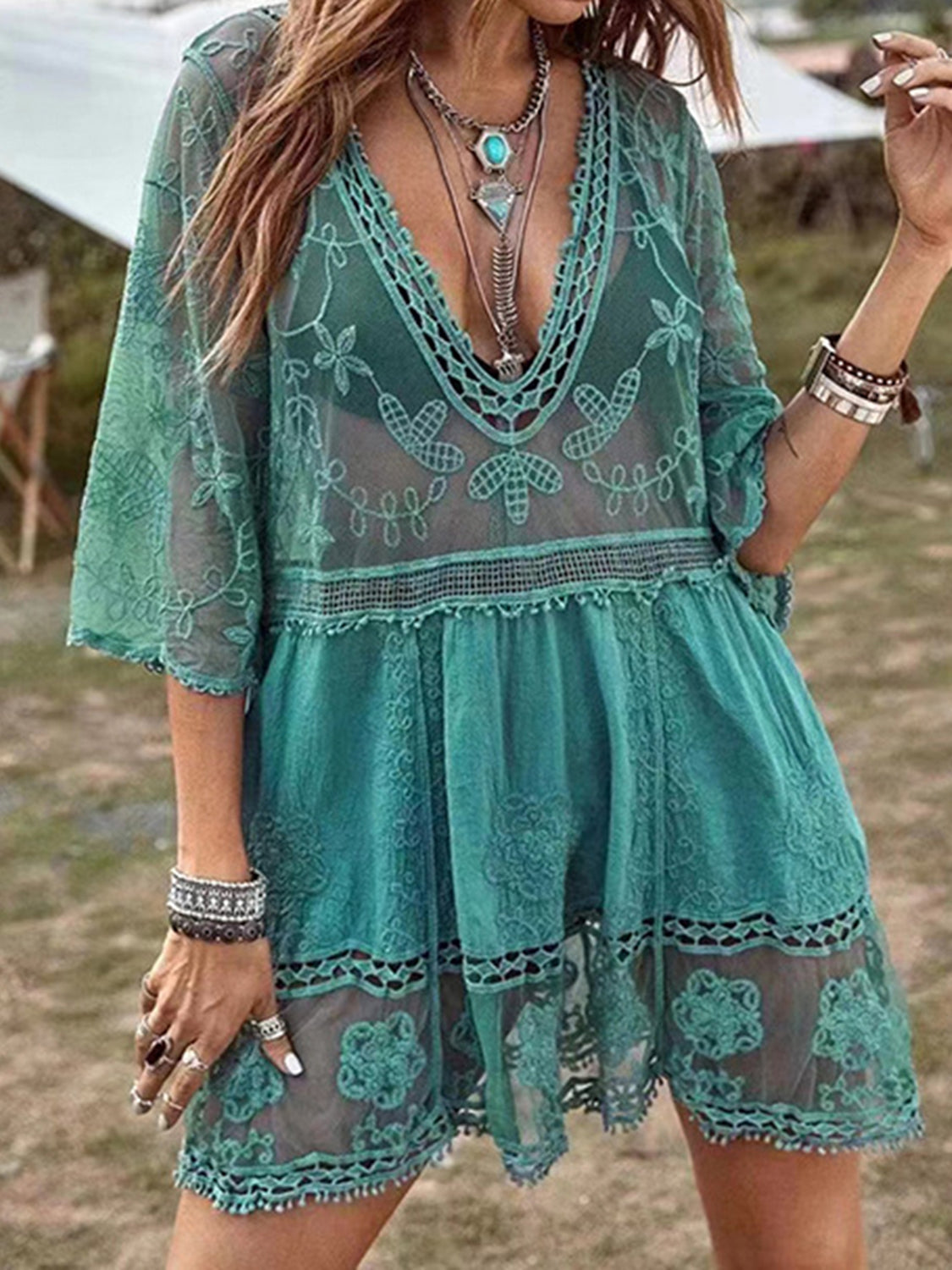 Semi-Sheer Lace Detail Beach Cover-Up Dress Turquoise One Size