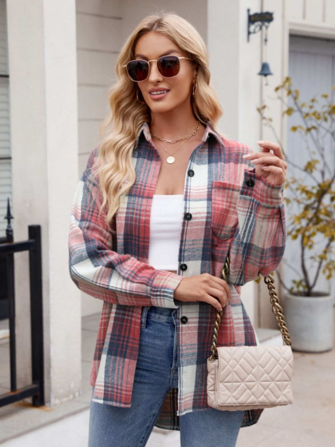 Stretchy Plaid Button-Down Shirt