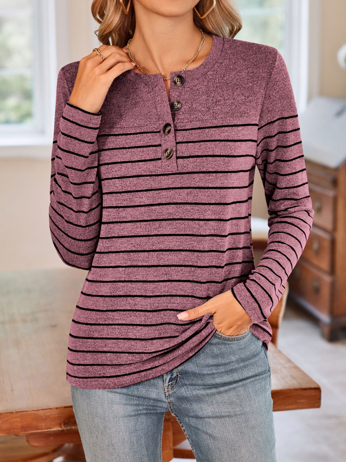 Lovelet Quarter Button Striped Round Neck Long Sleeve T-Shirt Moonlit Mauve