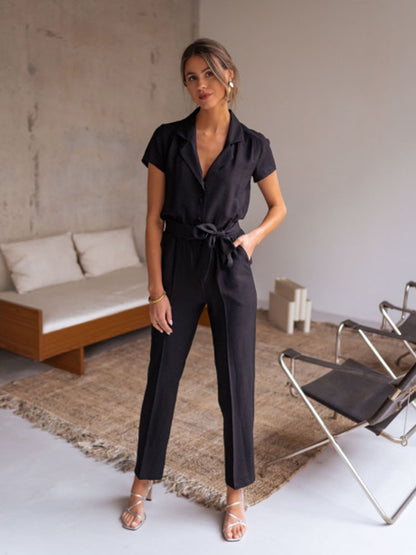 Tied Collared Neck Short Sleeve Jumpsuit Black