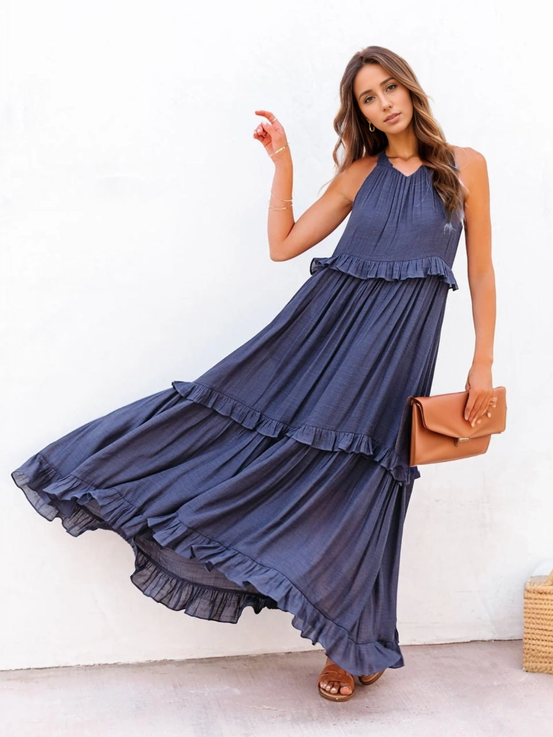 Smocked Tiered Maxi Dress with Pockets Navy