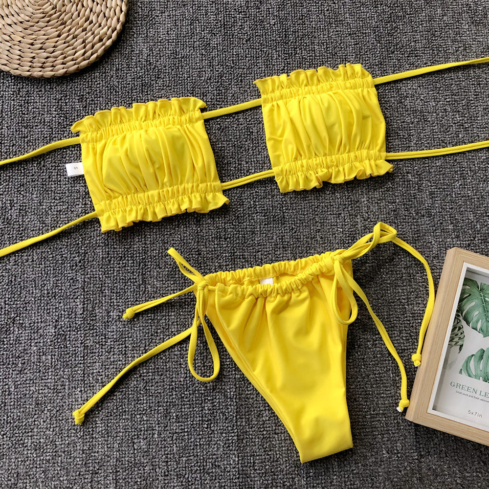 Ruched bikini set with flirty frill trim