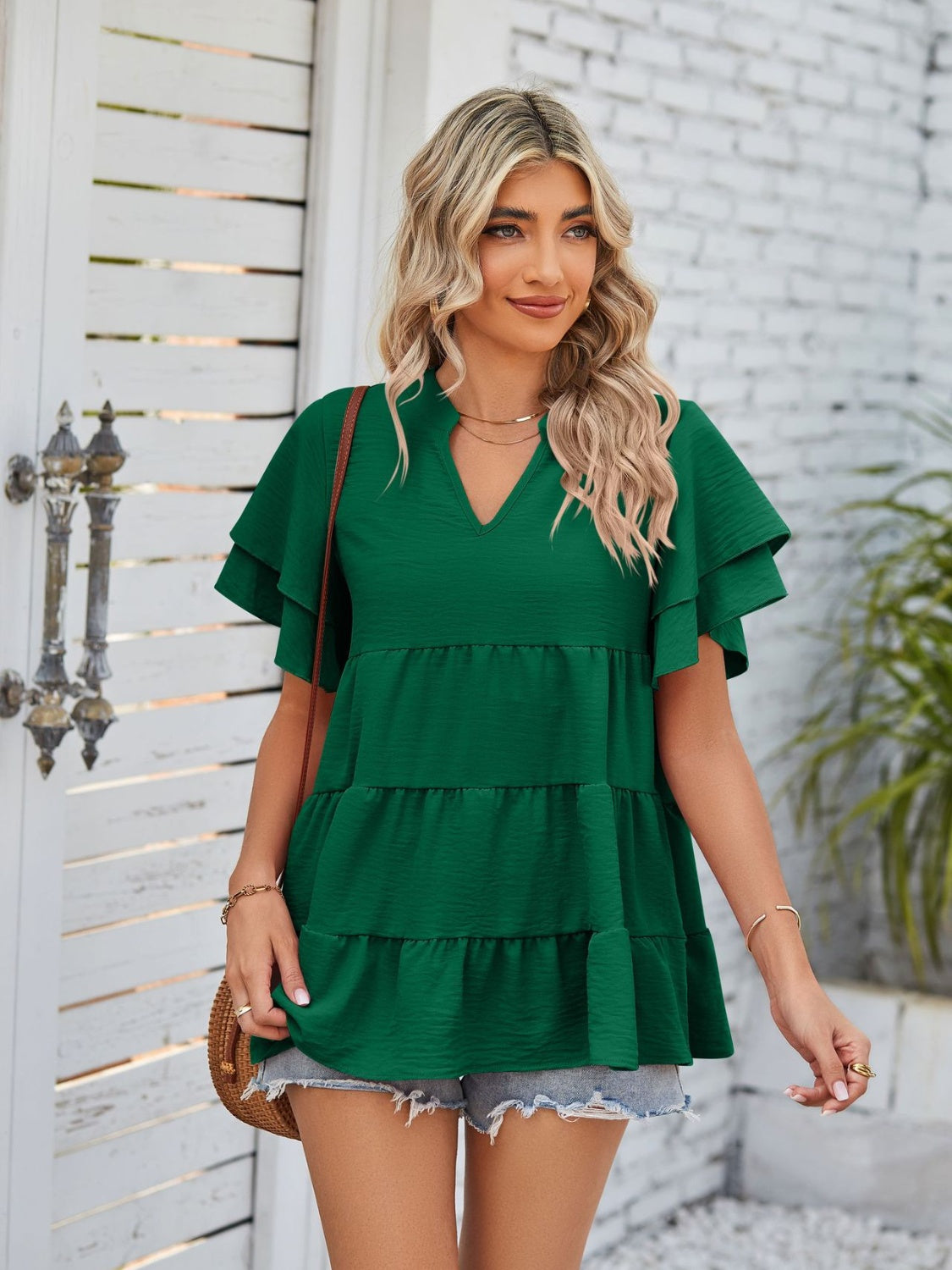 Tiered Notch Neck Blouse Dark Green