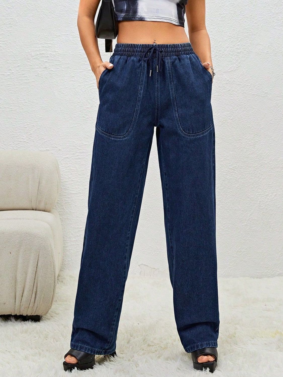 Drawstring Elastic Waist Jeans with Pockets Dark