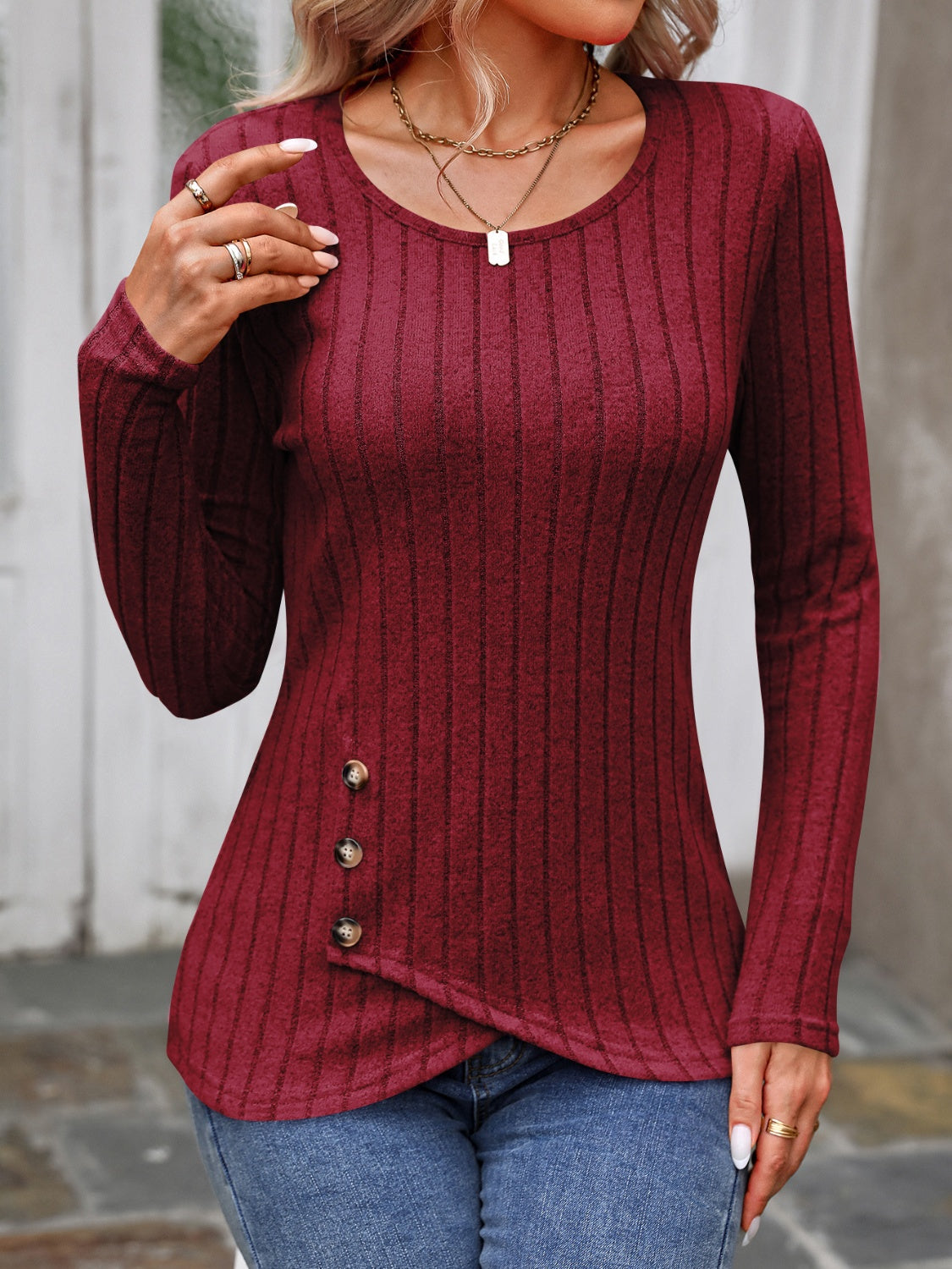 Decorative Button Round Neck Long Sleeve T-Shirt Burgundy