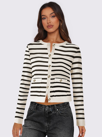 Striped Round Neck Button Up Long Sleeve Cardigan White