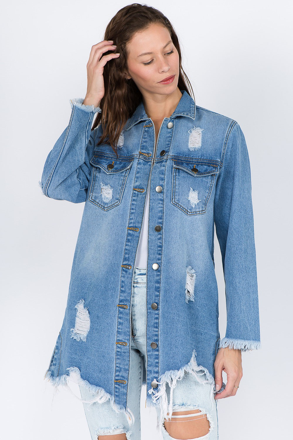 Women's Distressed Denim Jacket with Frayed Hem Blue