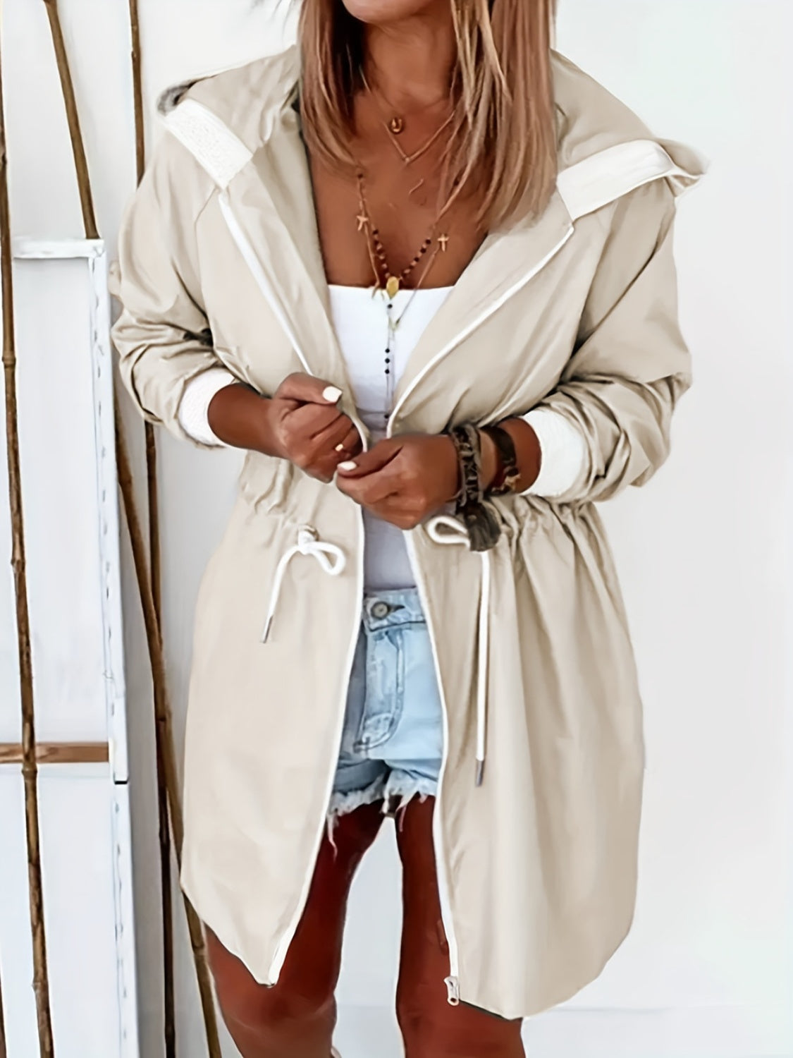 Drawstring Long Sleeve Hooded Trench Coat Dust Storm