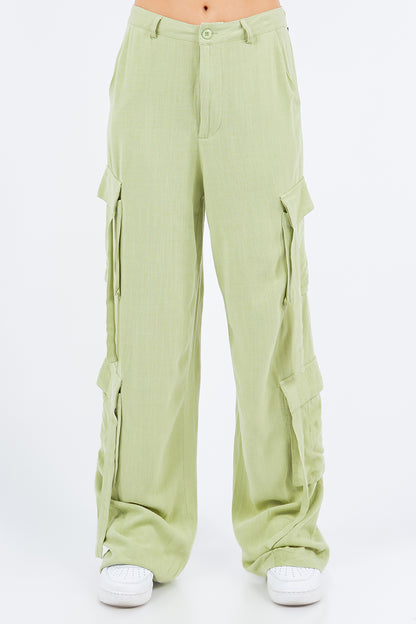 American Bazi Linen Wide Leg Cargo Pants Sage