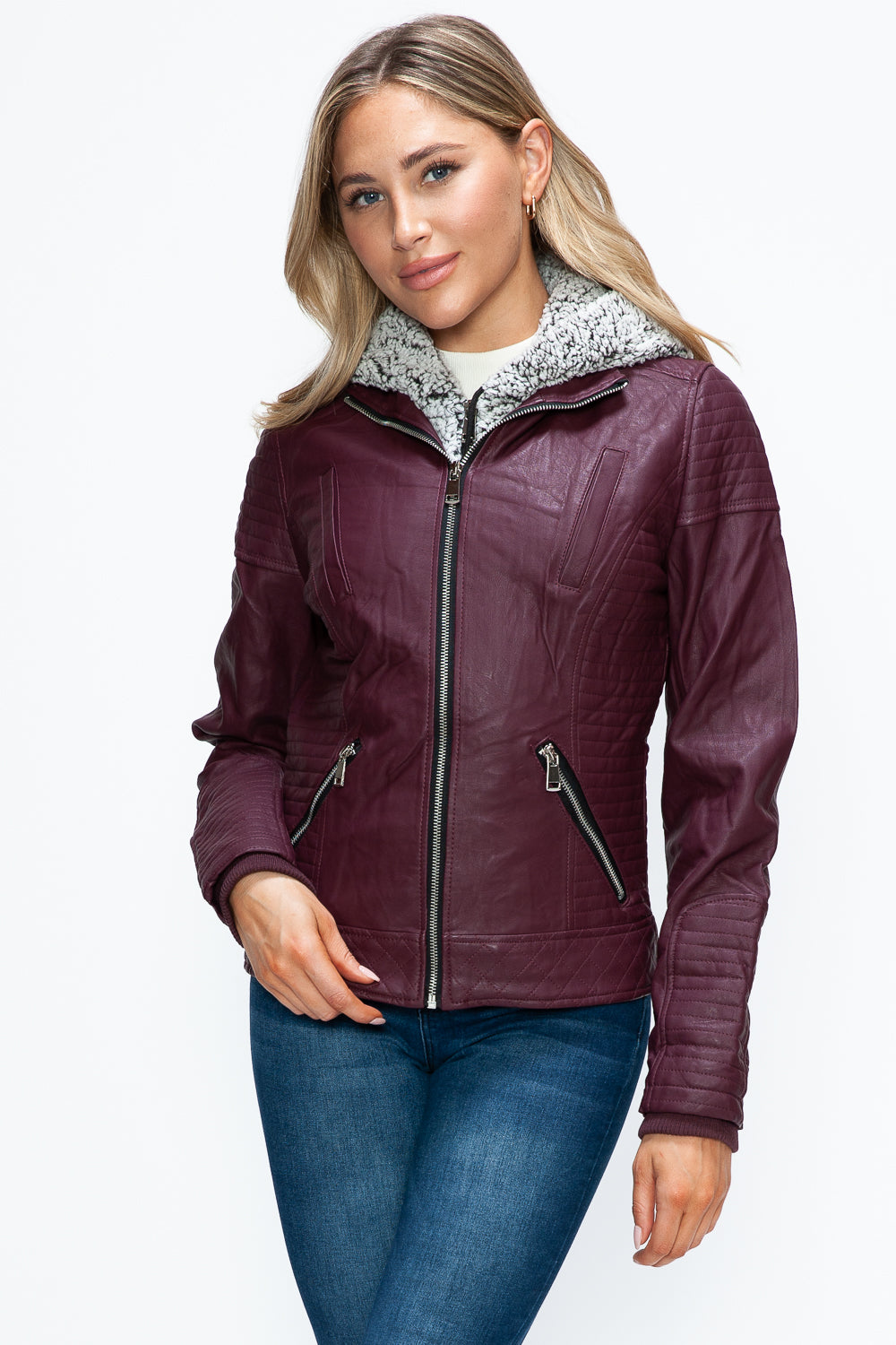 YMI Faux Layered Double-Zipper Jacket with Fuzzy Hood Wine