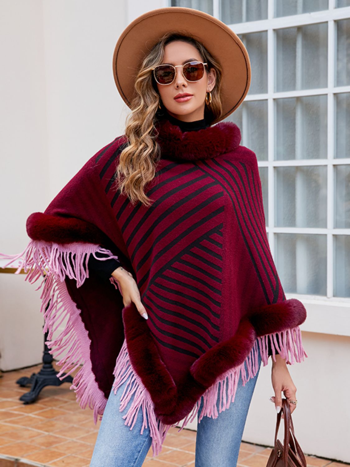 Striped Fringe Hem Poncho Wine One Size