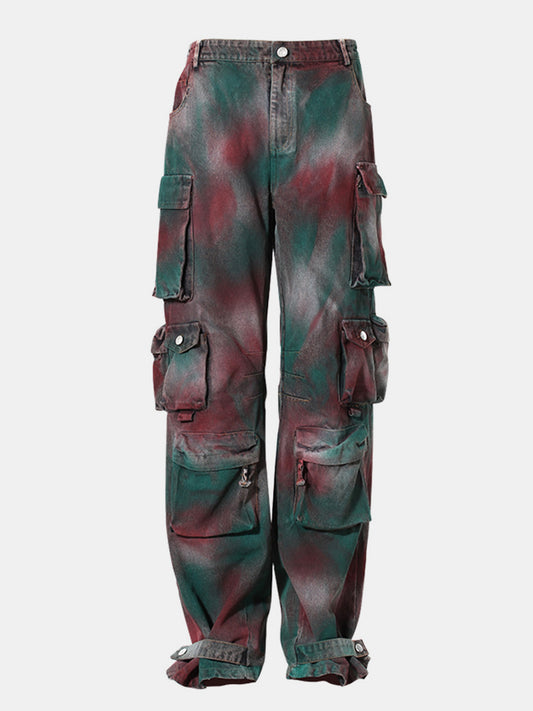 Spray-Painted Wide Leg Cargo Jeans Red Green