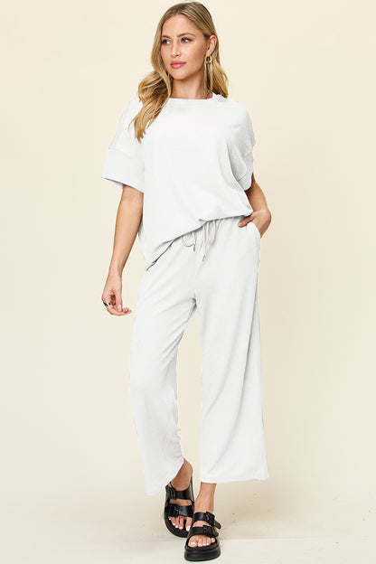 Textured Knit Top and Wide Leg Pant Set