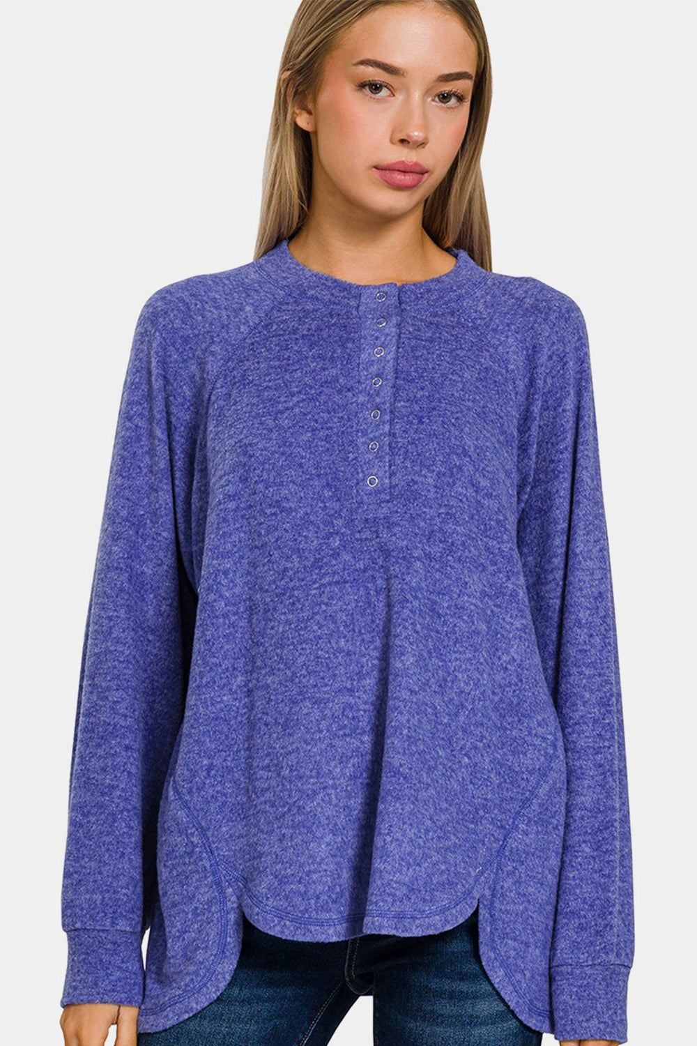 Zenana Full Size Brushed Melange Hacci High-Low Sweater Bright Blue