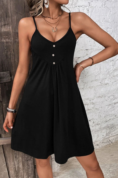 Decorative Button Scoop Neck Cami Dress Black