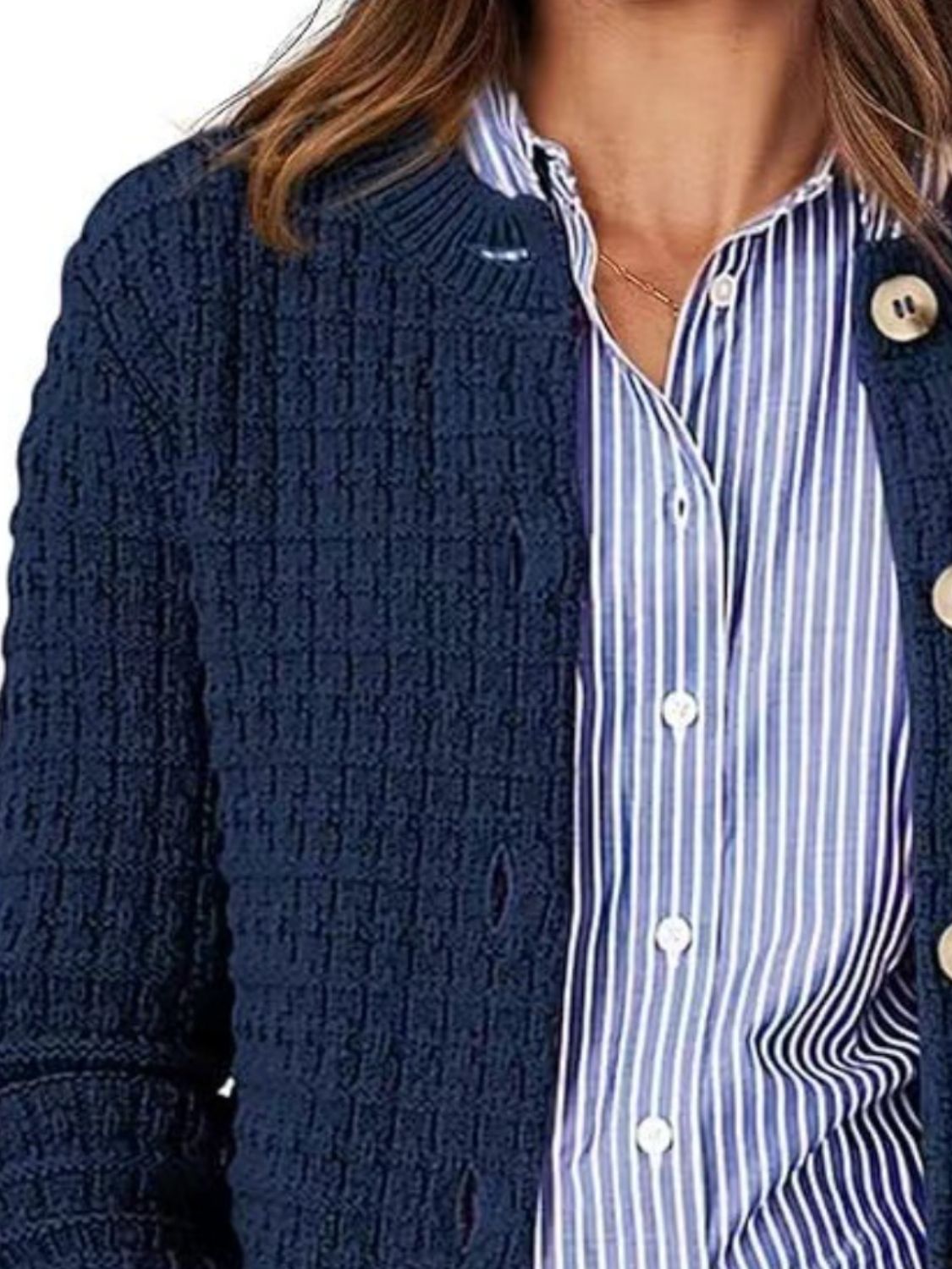 Button Up Round Neck Long Sleeve Cardigan