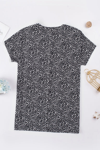 Animal Print Round Neck Tunic Tee with Pockets Black