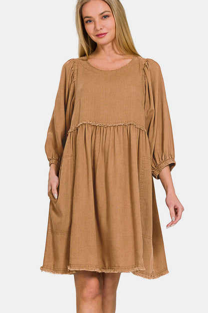 Linen Puff Sleeve Mini Dress Deep Camel