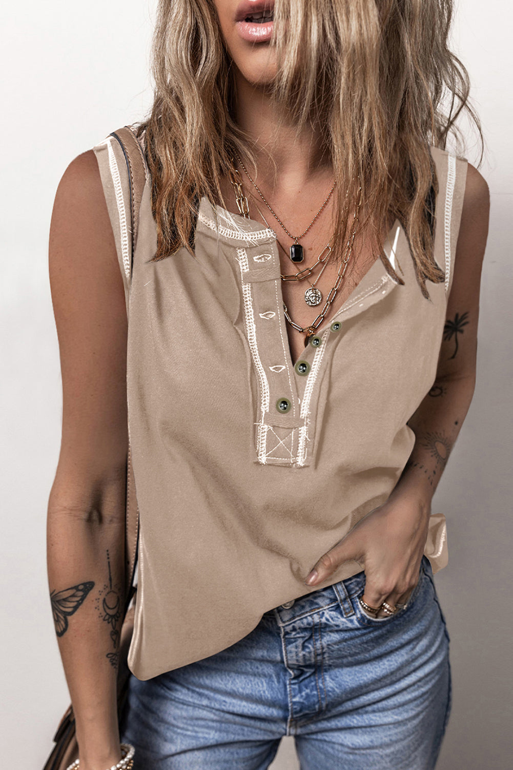 Contrast Stitching Round Neck Tank Tan